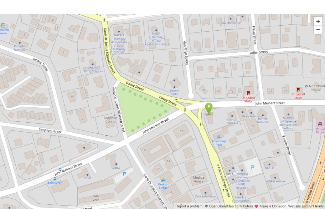 Street map marking the corner of Dr Frans Indongo and John Meinert Streets in Windhoek West